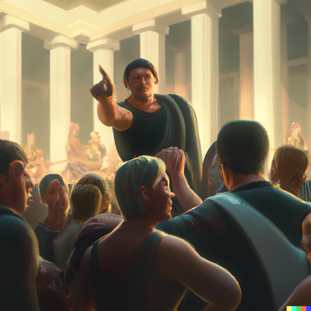 Realist painting of a greek agora, crowded, with people pointing their fingers toward a guilty man, digital art