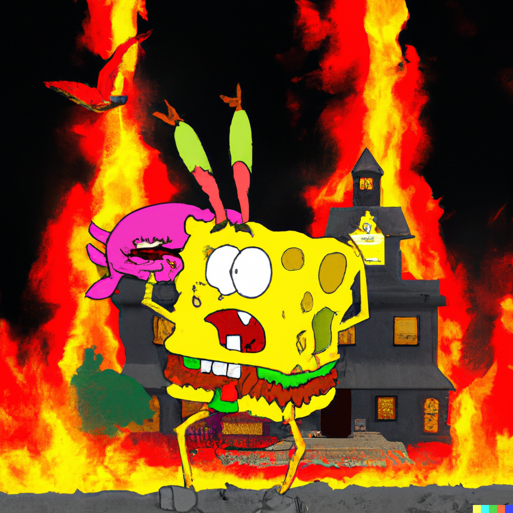 Spongebob's cockroach eating a burger while everything burns around him