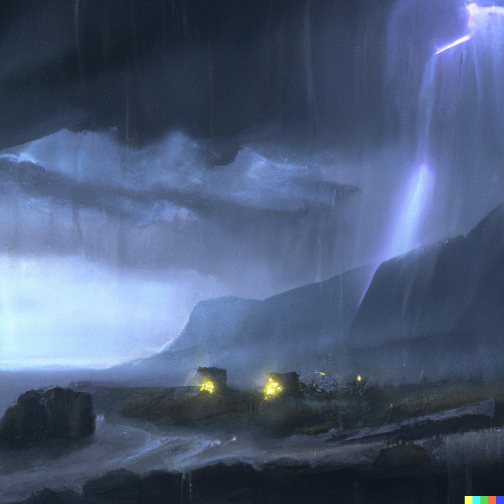 A Caspar David Friedrich style paiting of a landscape during a storm, with thunder, digital art