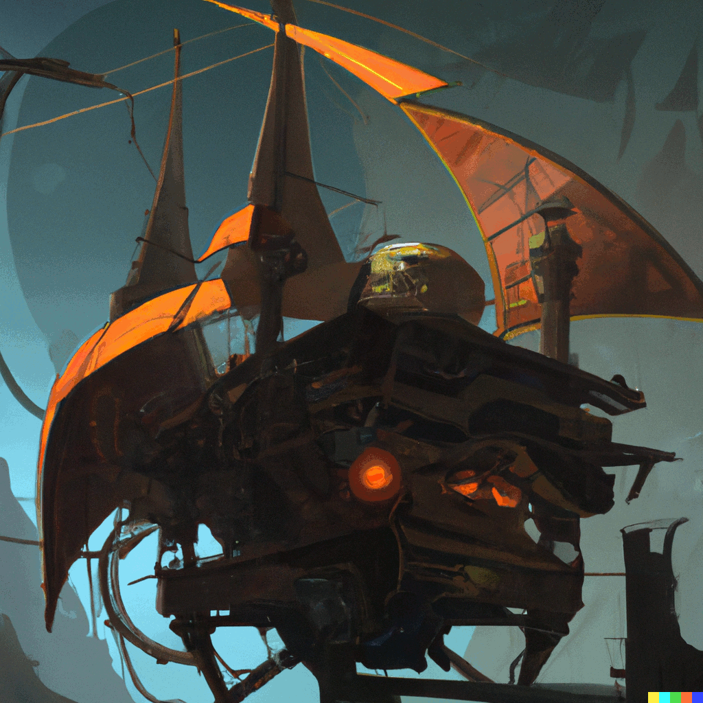 Cyberpunk pirate space ship with orange solar sails, in the neighborhood of a moon, dark stellar background, digital art