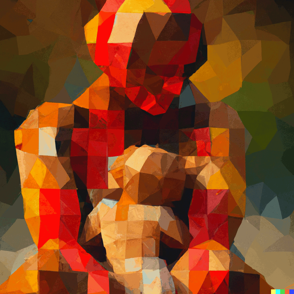 A cubist and colorful representation of a mother breastfeeding a child.