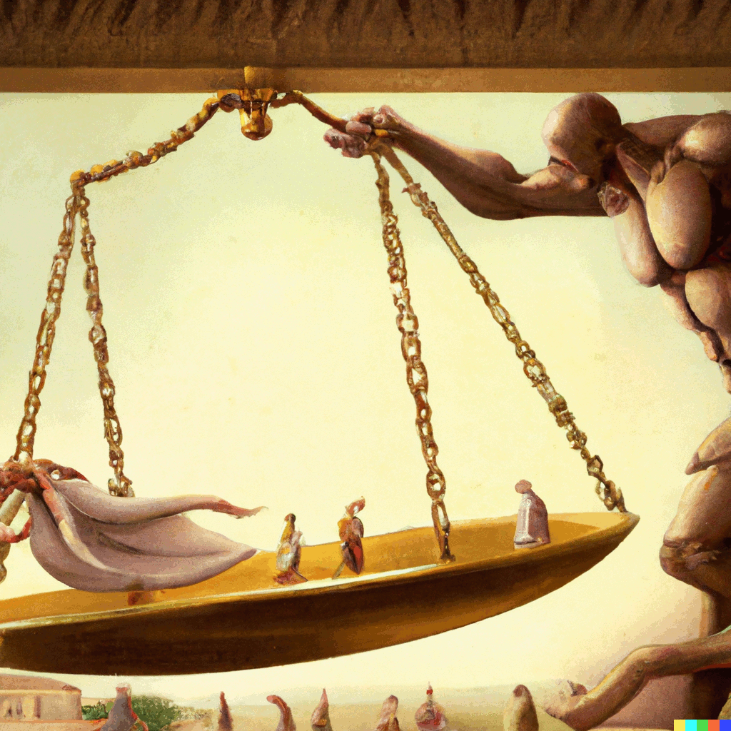 A giant is lifting up one plate of a scale of justice, distorting the judgment of the souls placed in it