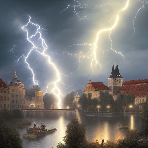 A drawing of the old town of a European city during a Lightning storm.