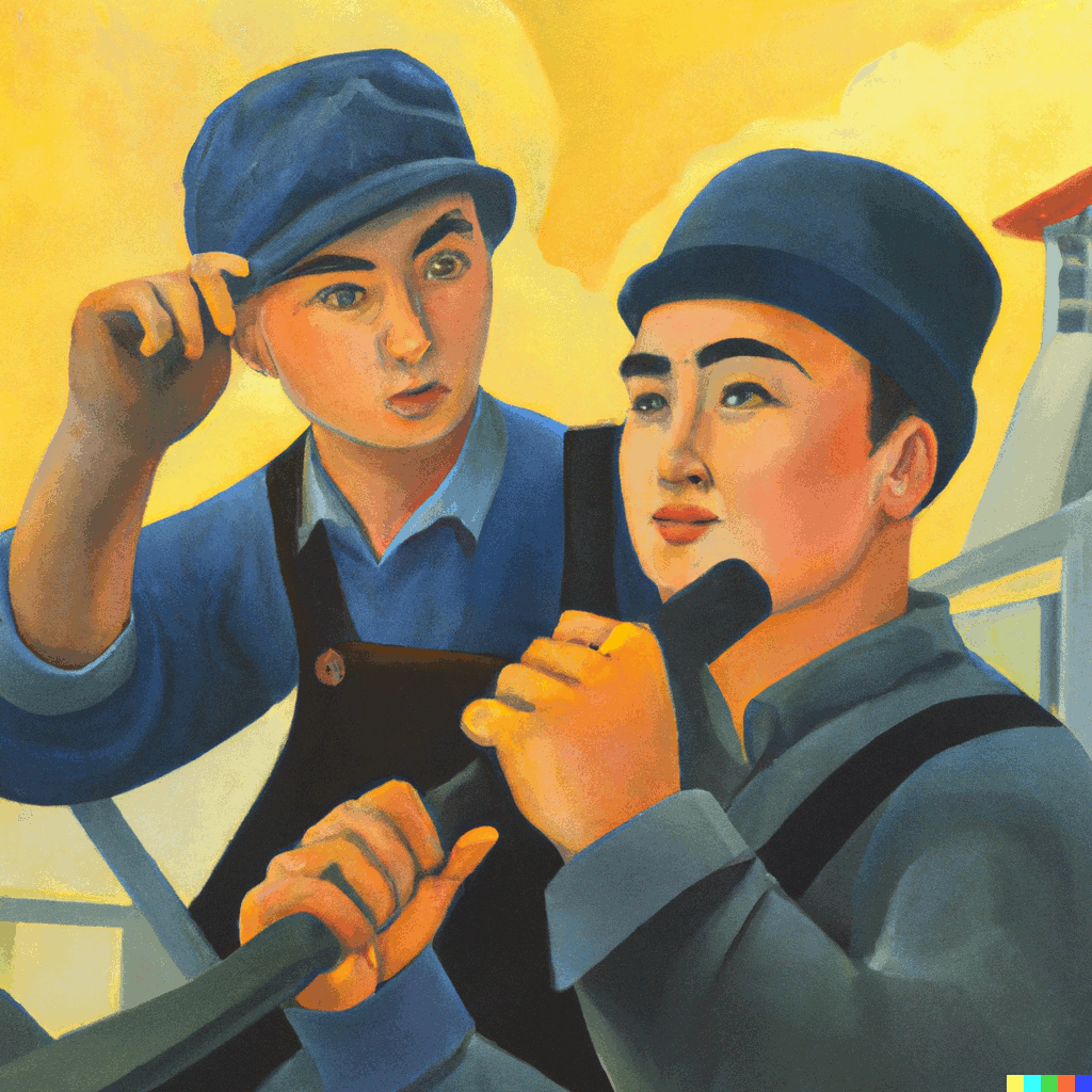 A painting of two workers, one of them looking in the distance.