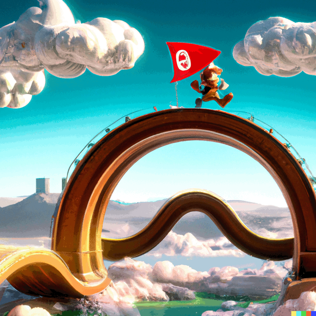 A colorful illustration of Mario running on a Moebius loop.