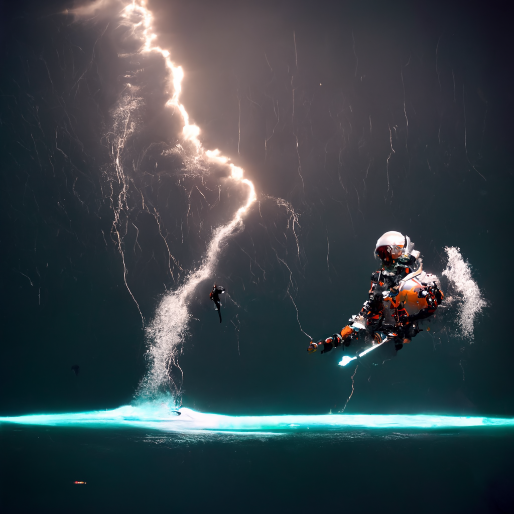A space pirate surfing on an antigravity board in the middle of a storm with lightning bolts