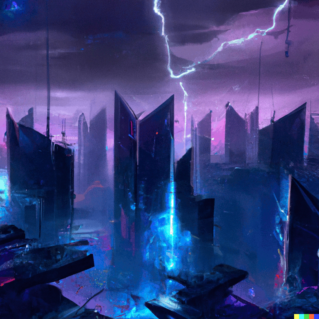 A synthwave city during a stormy night.
