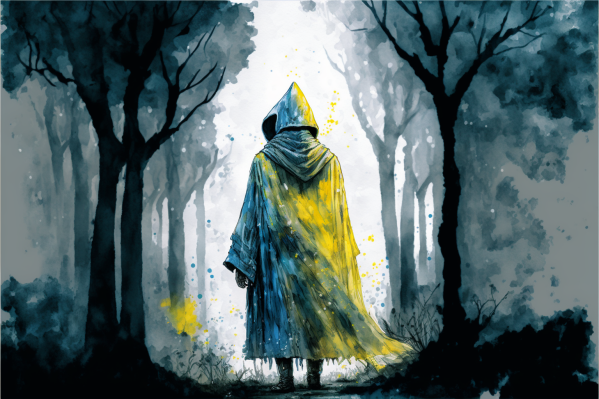 A mysterious wizard standing in a forest, seen from behind.