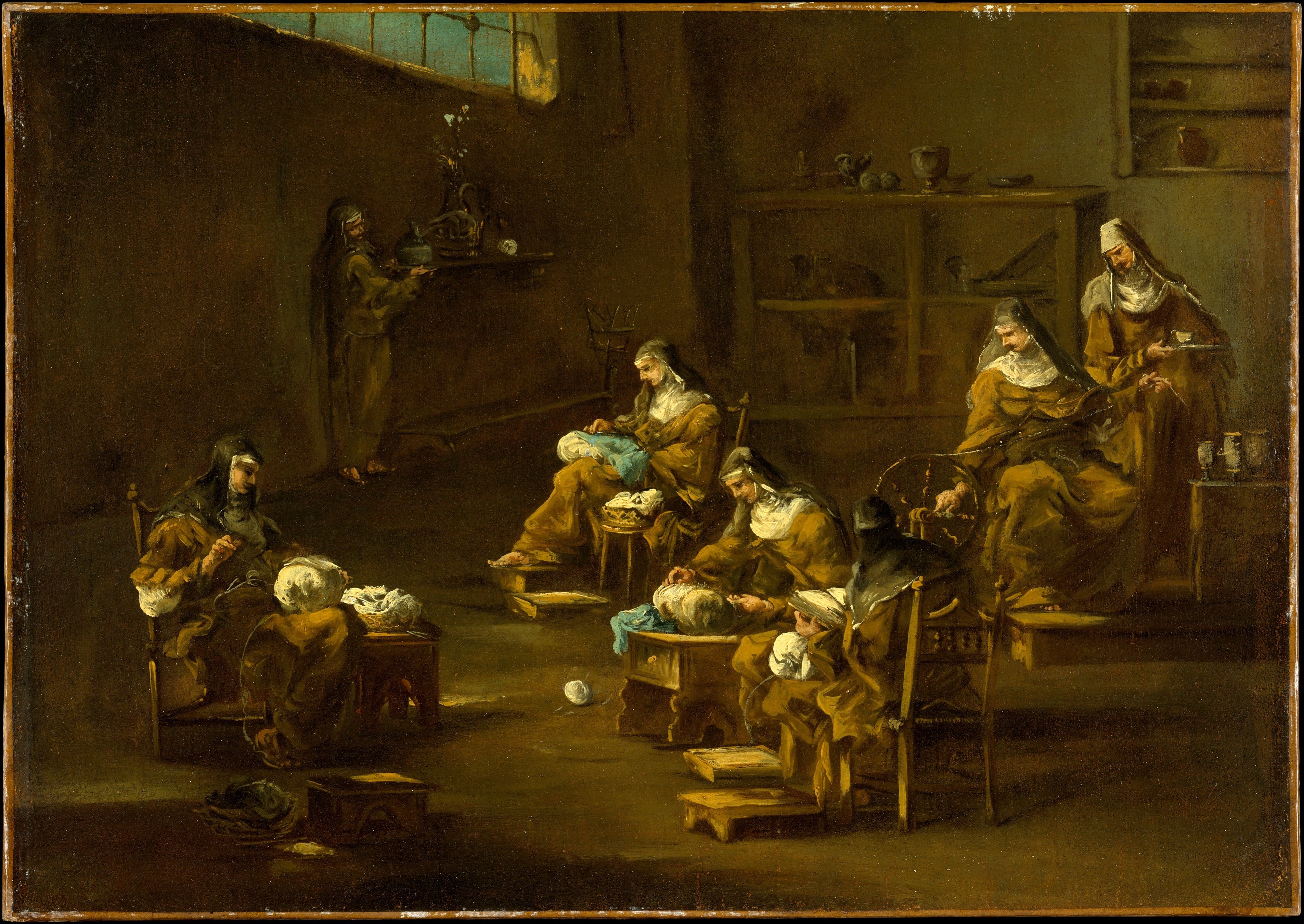 Nuns at work painting by a follower of Alessandro Magnasco