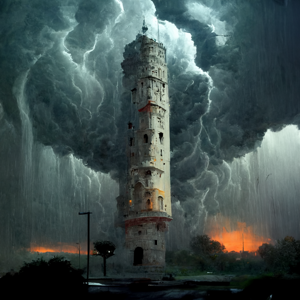 Realistic ivory tower with thunderstom